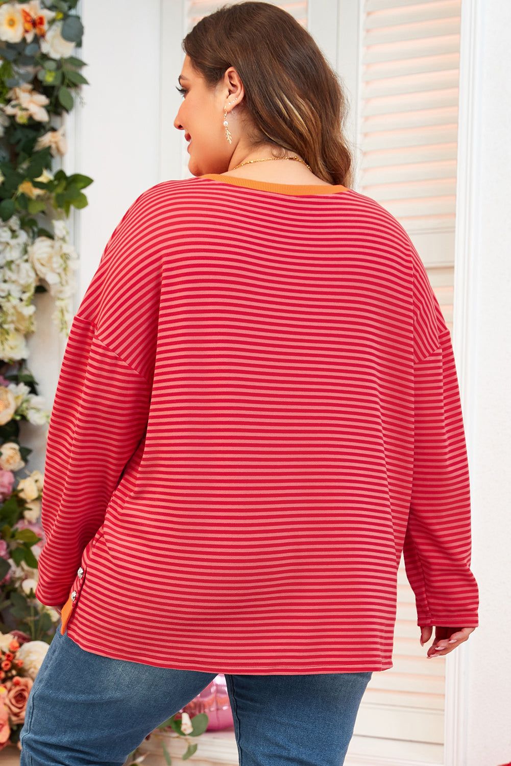 Orange Stripe Drop Shoulder Long Sleeve Buttoned Decor Top