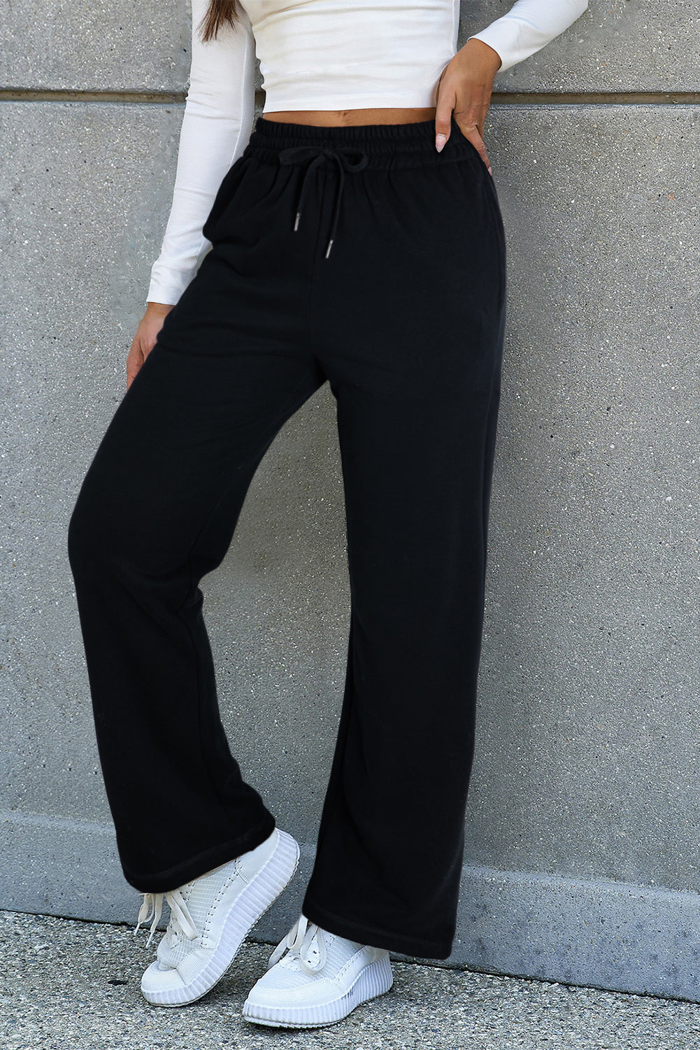 Light Grey Solid Color Fleece Lined Drawstring Waist Casual Pants (Extended Sizes)