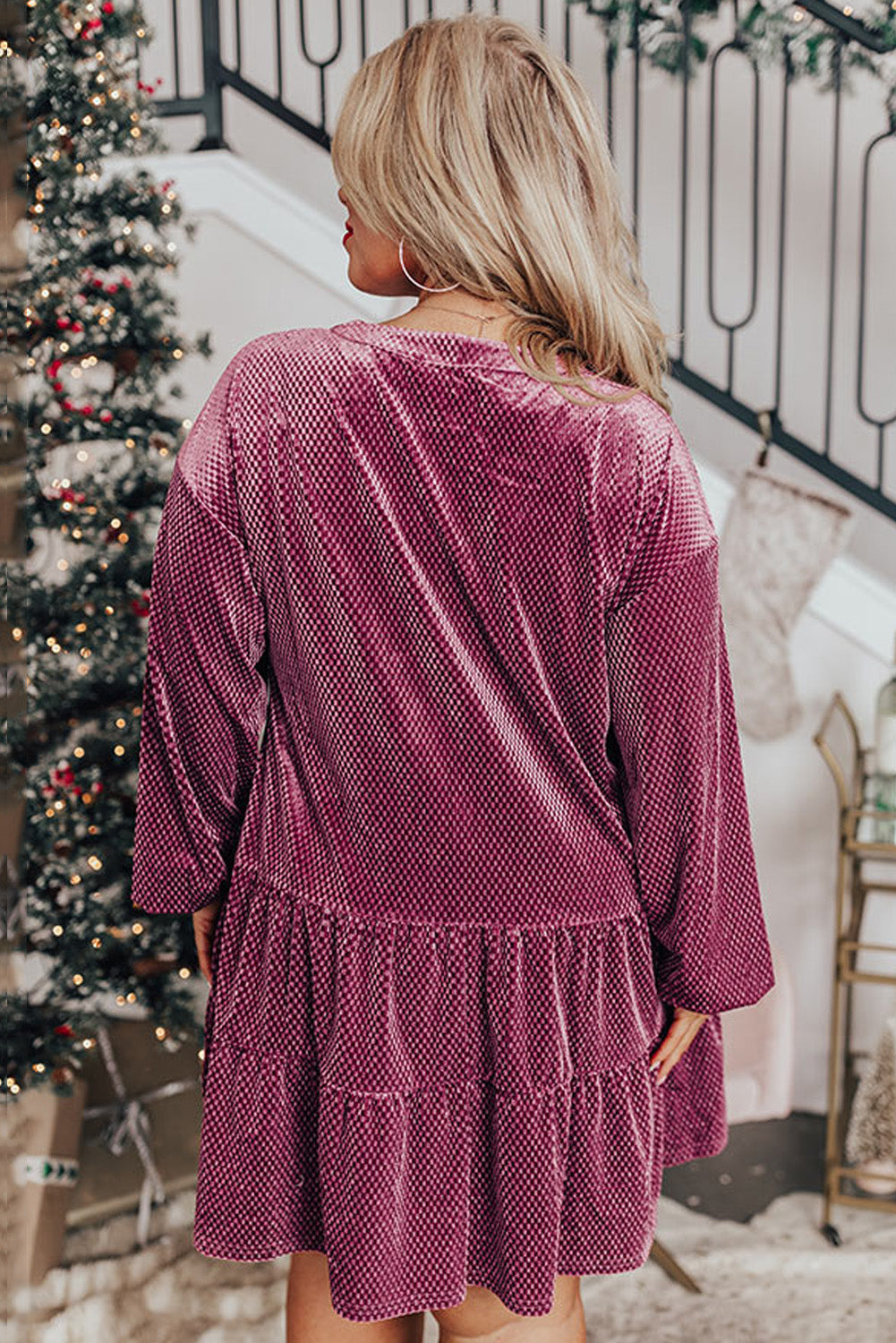 Meadow Mauve Textured Velvet Tiered Buttons Tiered Dress
