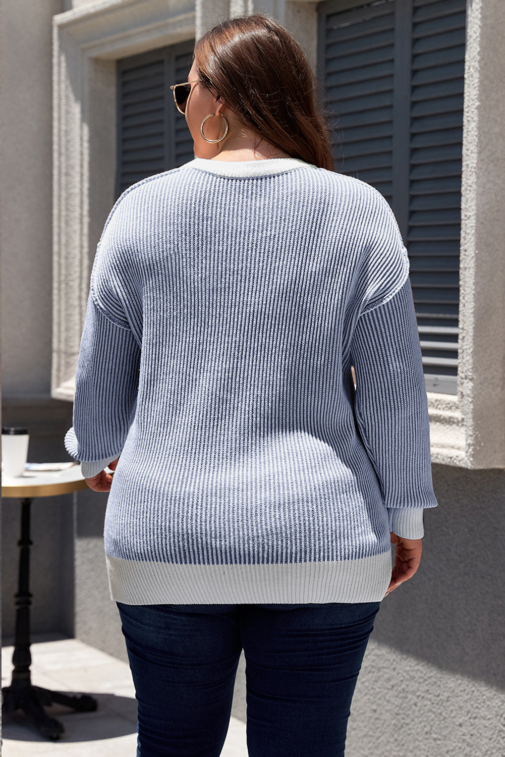 Blue Stripe Contrast Trim Crew Neck Rib Knit Drop Shoulder Sweater