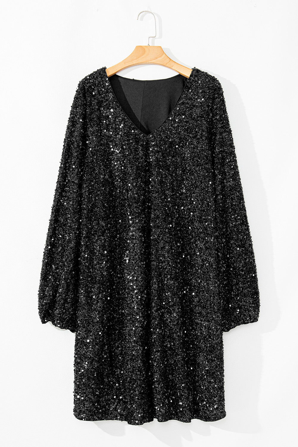 Color black Bubble Sleeve V Neck Sequin Dress