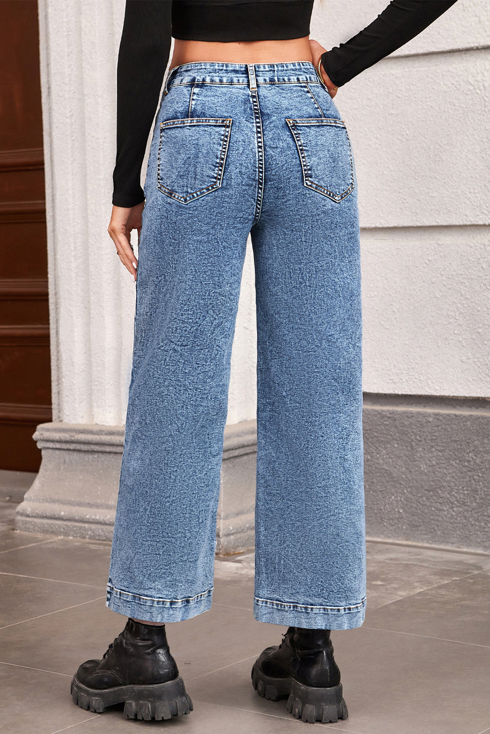 Black Chic Patch Pocket Straight Leg Loose Jeans (Extended Sizes)