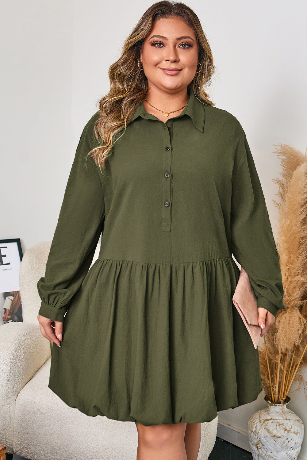 Four Leaf Clover Collar Half Button Long Sleeve Ruffle Hem Mini Dress
