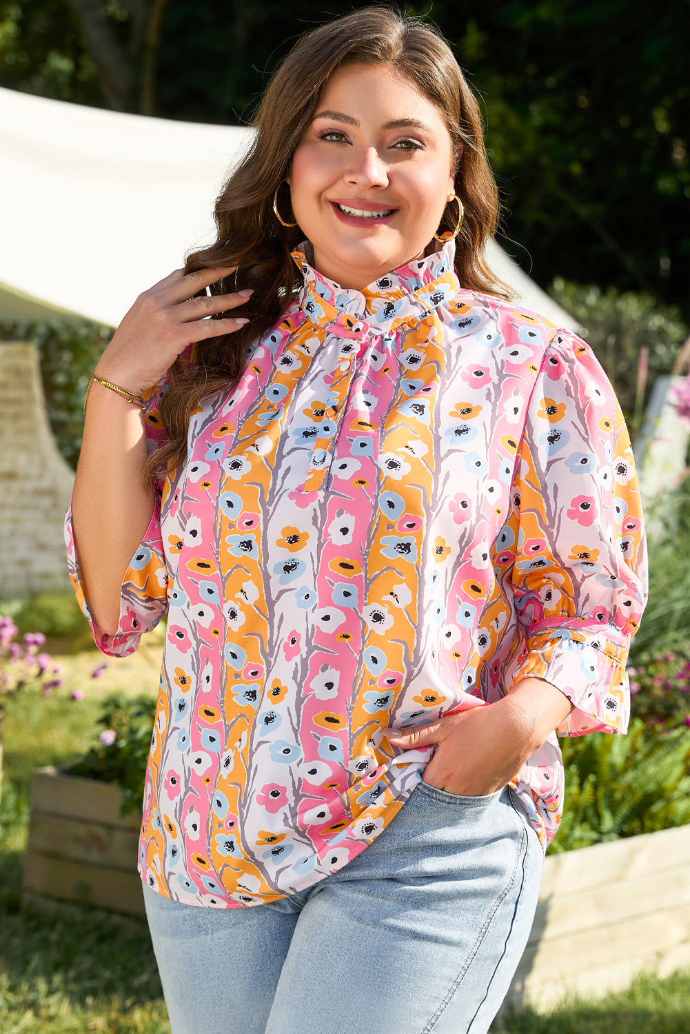 Pink Floral Ruffled Collar Bracelet Sleeve Blouse Top
