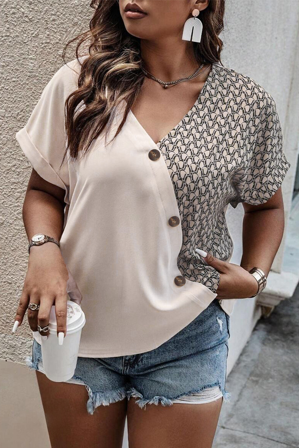 Oatmeal Contrast Geometric Print Patchwork V Neck Short Sleeve Top