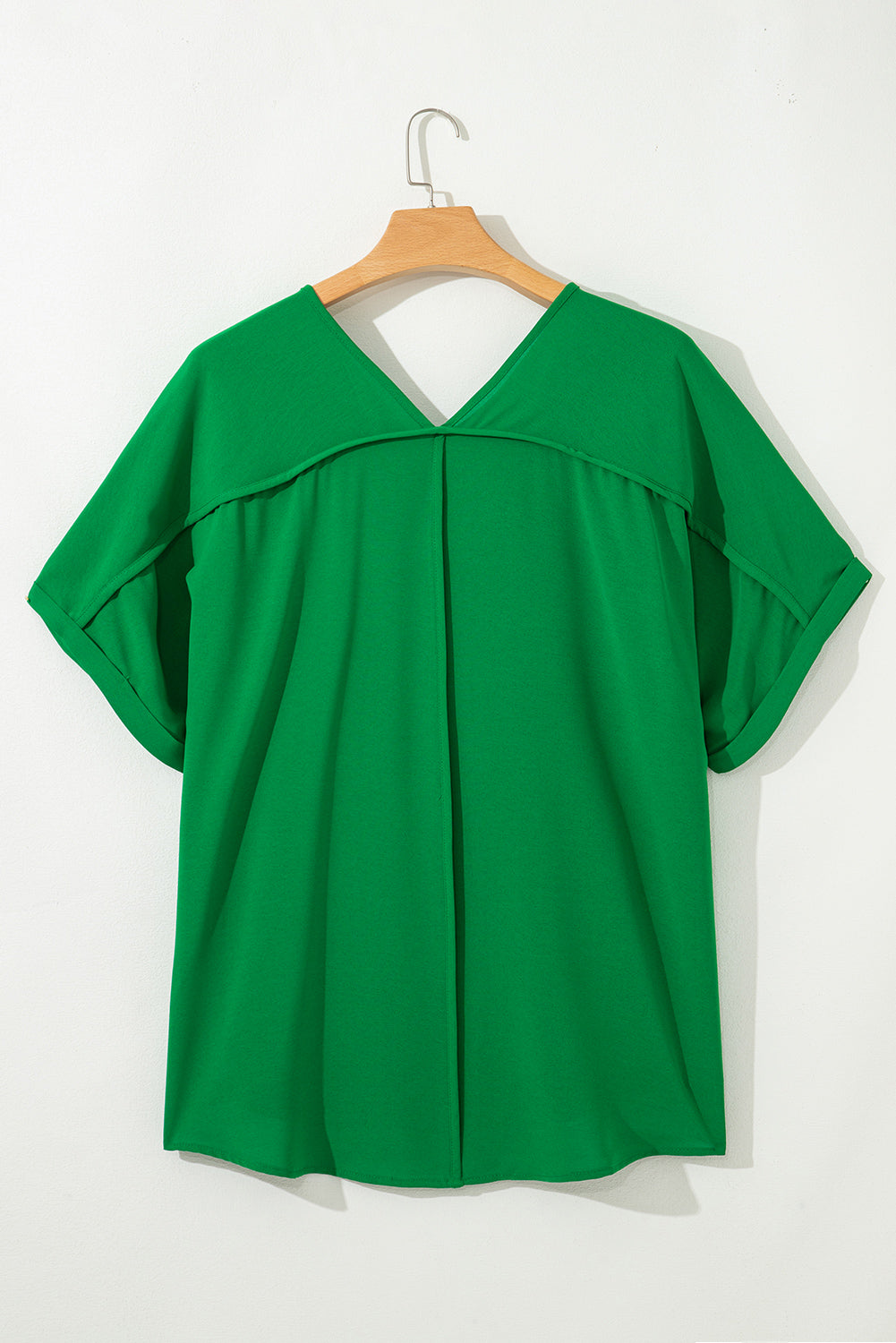 Green Seamed Back High Low Hem V Neck Cuffed Sleeve Tee