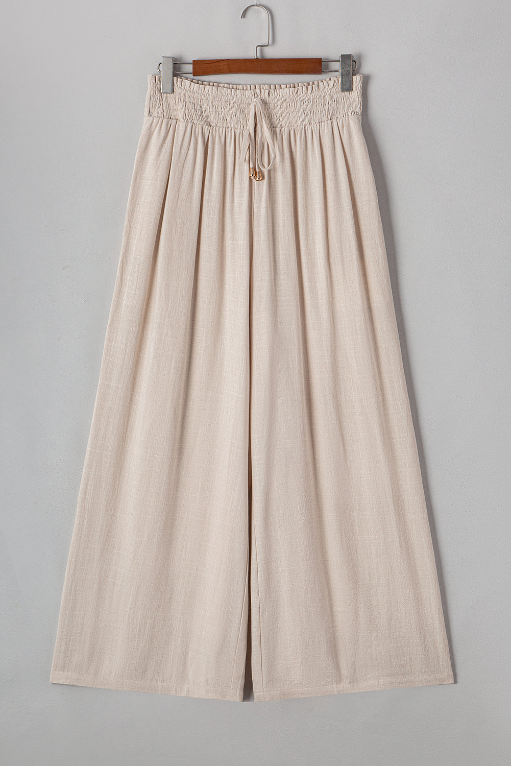 Beige Smocked High Waist Wide Leg Pants