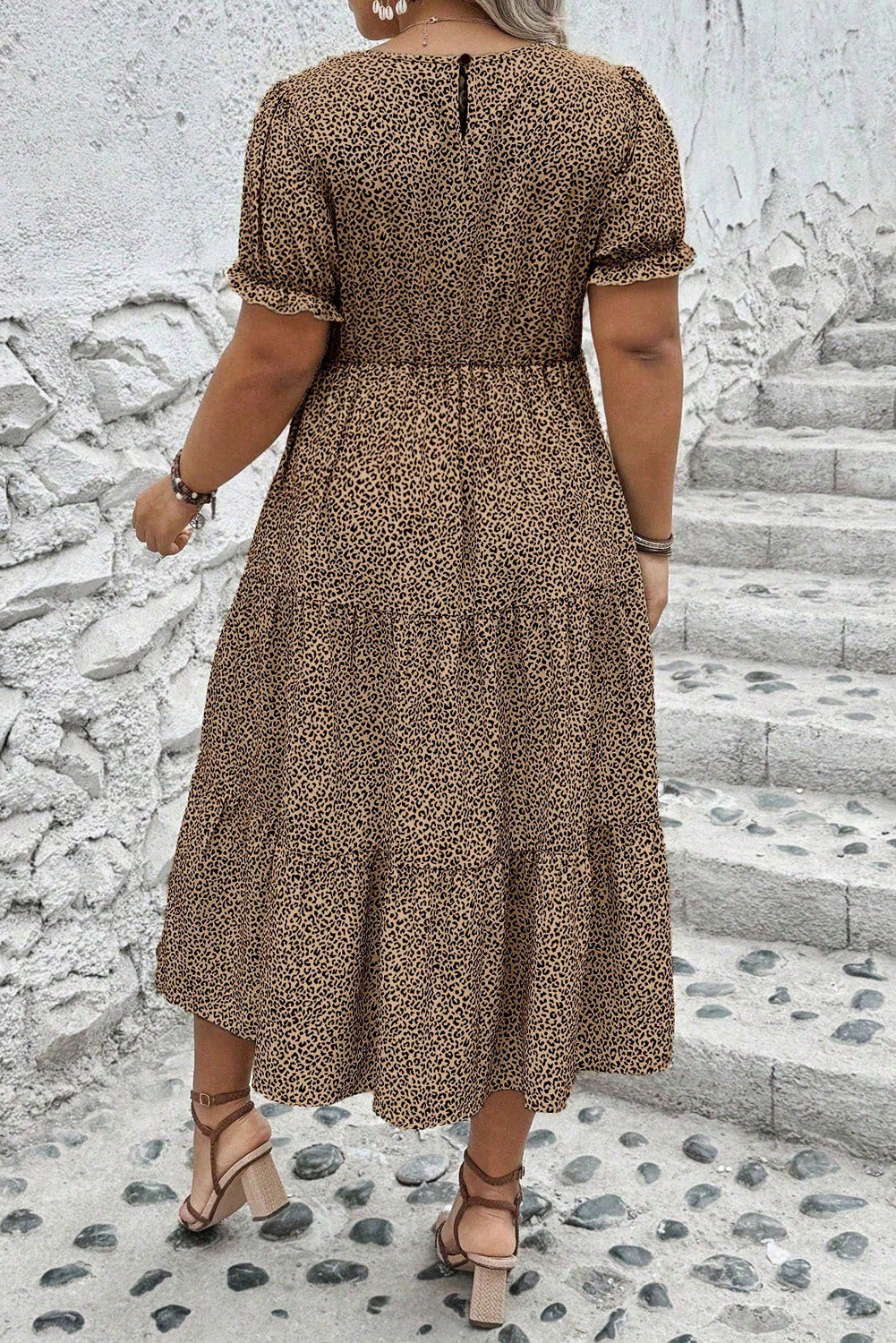 Brown Leopard Print Frill Trim Short Sleeve Flared Dress