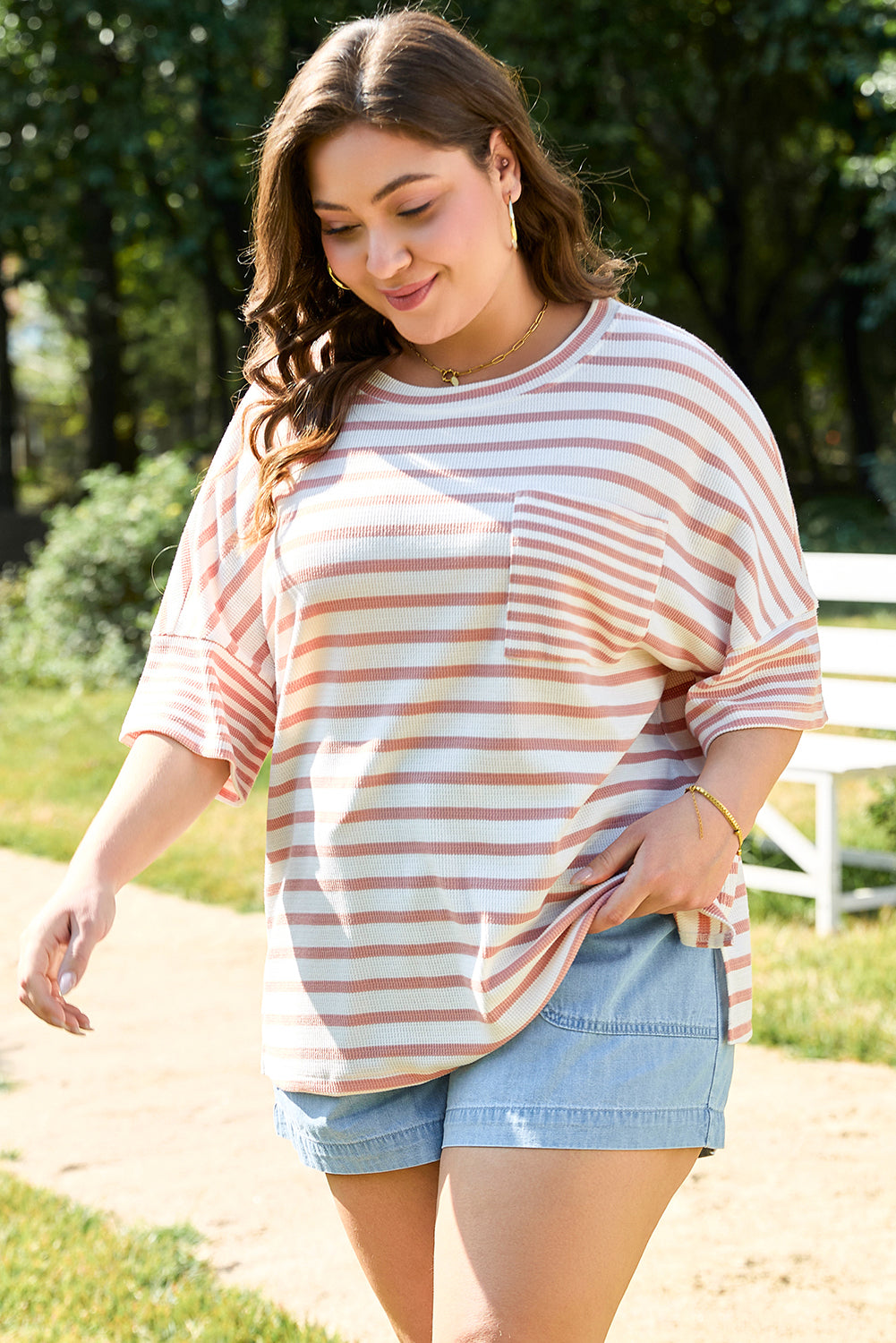 Pink Stripe Waffle Knit Pocketed Half Sleeve T Shirt