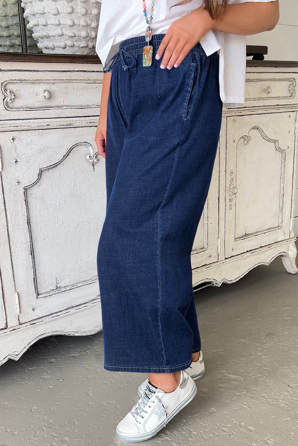 Real Teal Drawstring High Waist Wide Leg Casual Jeans