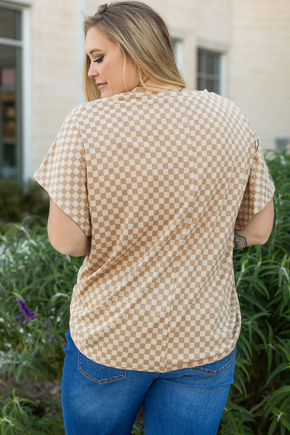 Khaki Checkerboard Short Batwing Sleeve Round Neck T Shirt