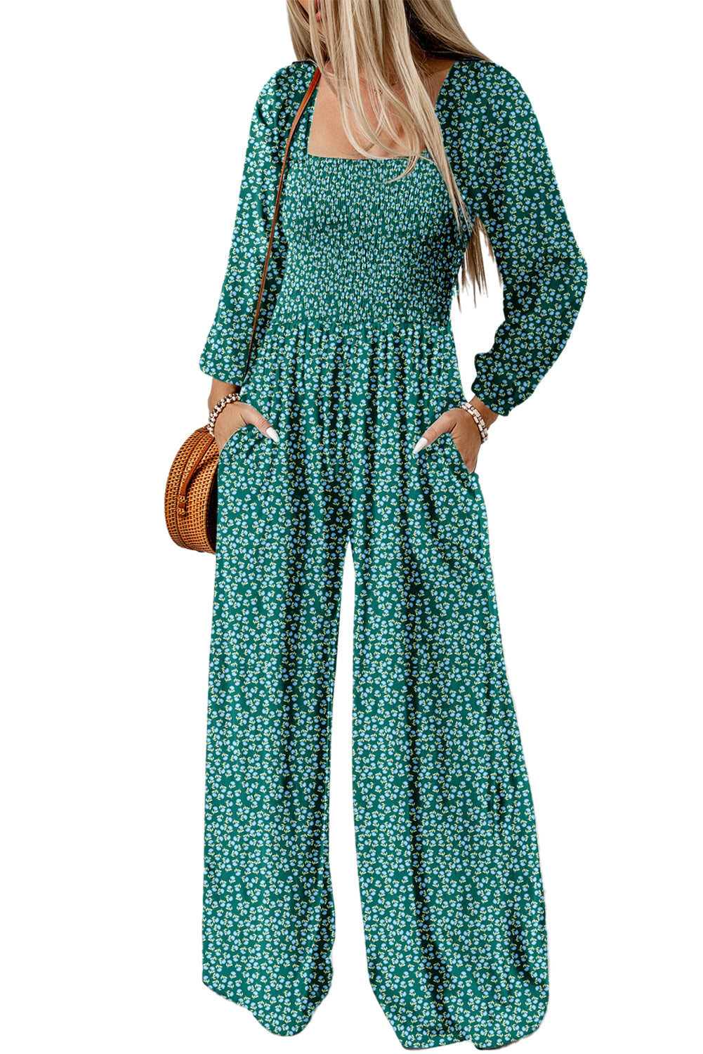 Brown Floral Print Western Smocked Bodice Square Neck Wide Leg Jumpsuit (Extended Sizes)