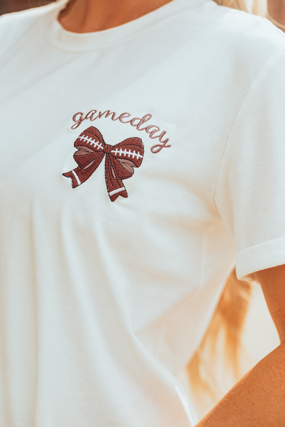White Game Day Bowknot Embroidered Graphic Casual Tee (Extended Sizes)