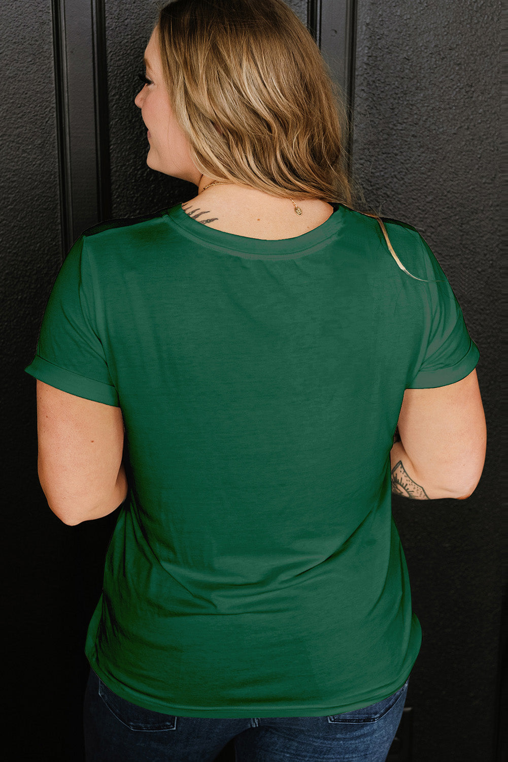 Dark Green Round Neck Rolled Sleeve T-shirt