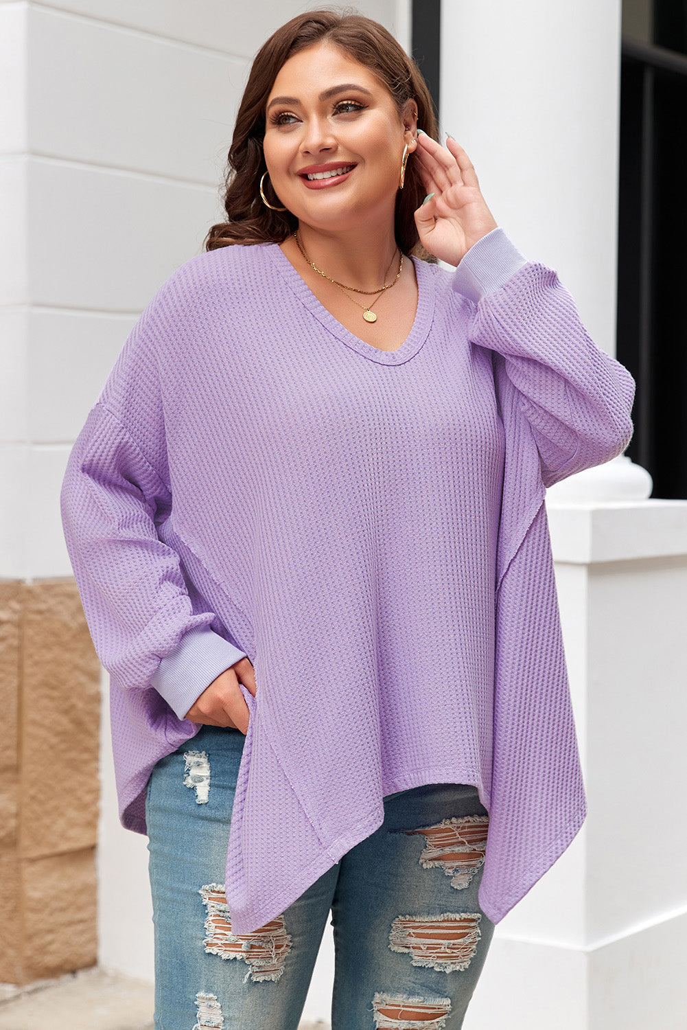 Orchid Petal Waffle Knit Exposed Seam Flowy Top