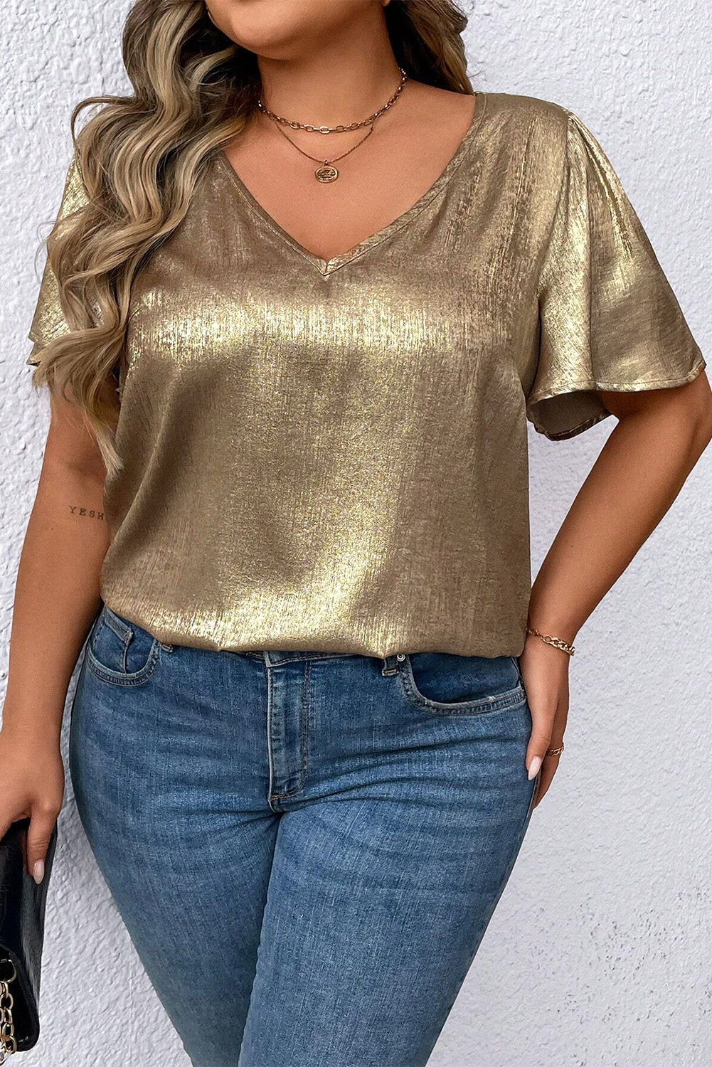 Gold Metallic V Neck Short Sleeve Blouse