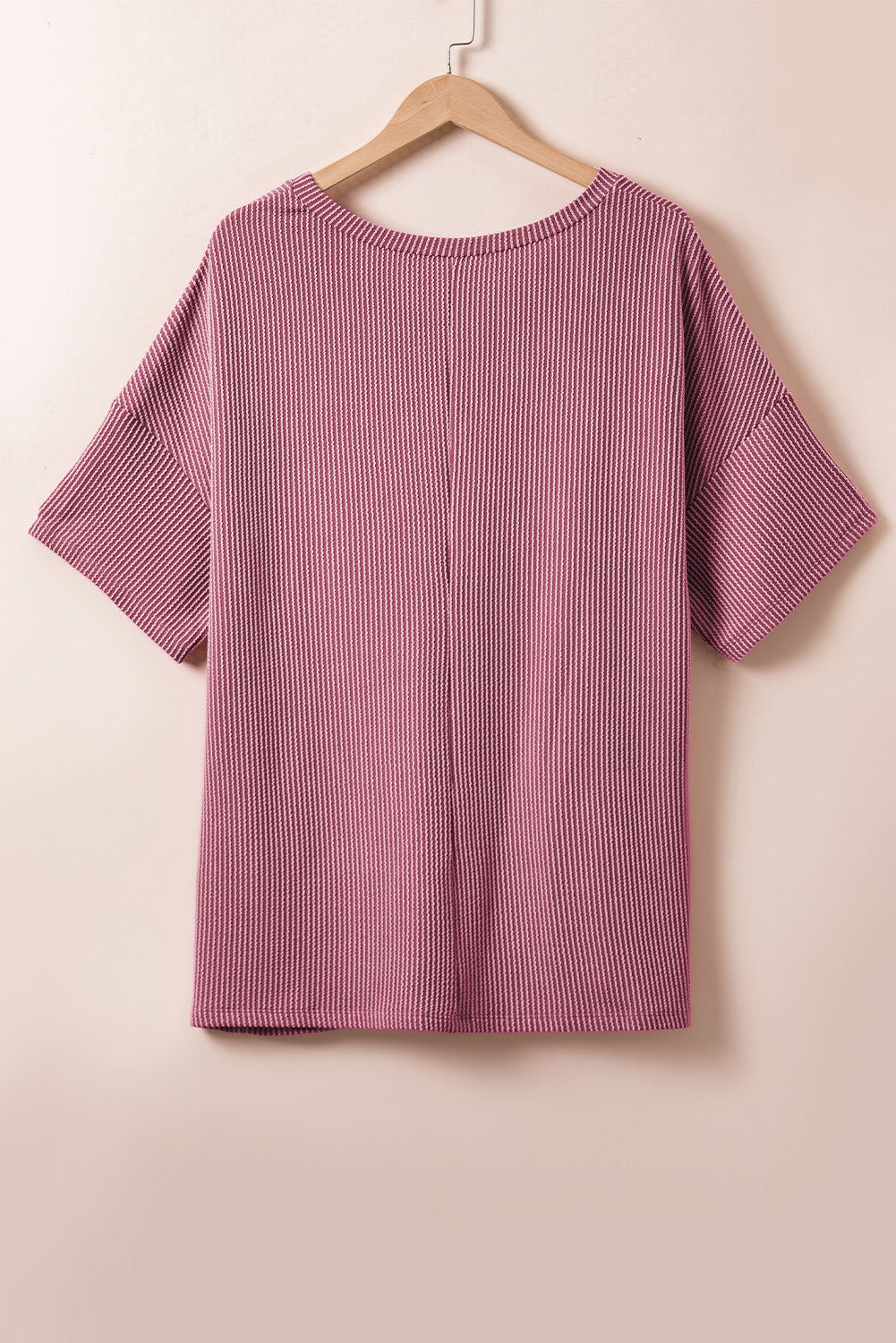 Rose Pink Textured V-Neck Dropped Shoulder T-Shirt