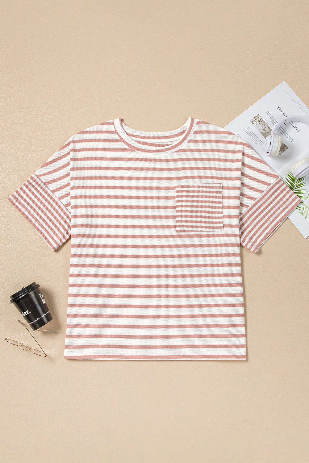 Pink Stripe Waffle Knit Pocketed Half Sleeve T Shirt