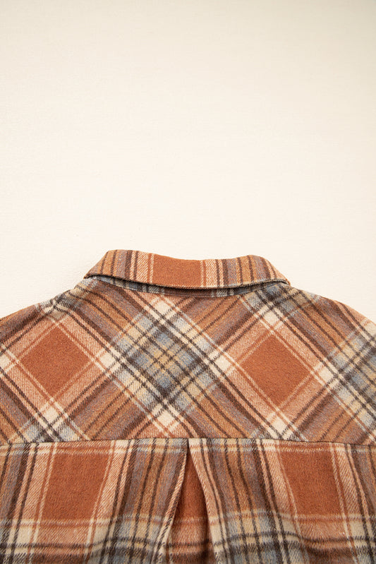 Brown Plaid Print Flap Pocket Buttoned Shacket