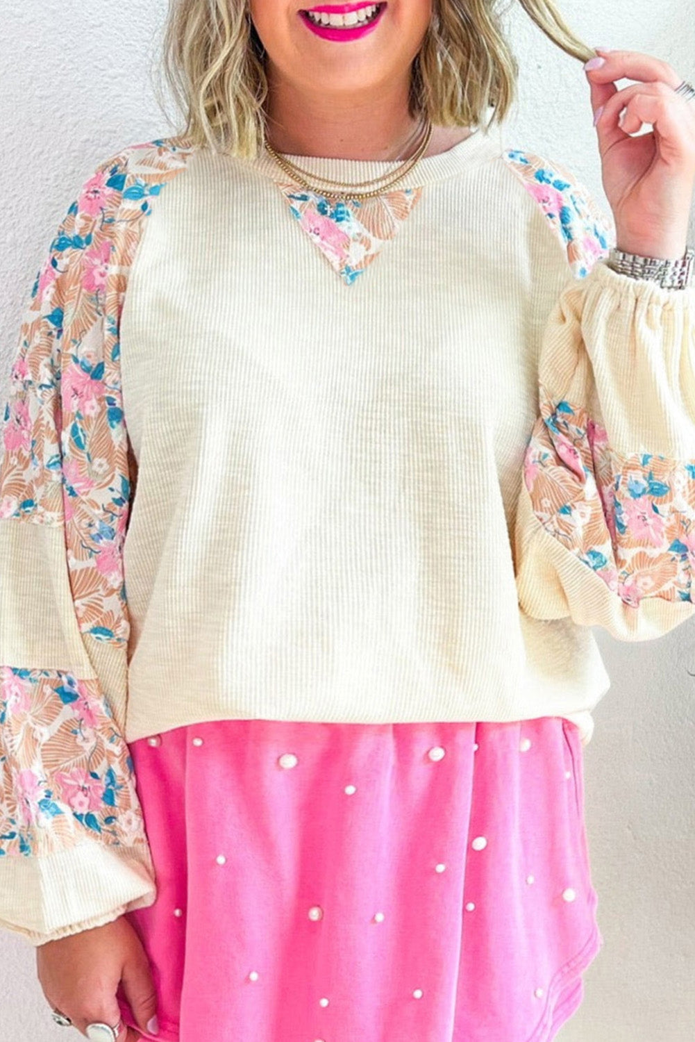 Apricot Floral Patchwork Ribbed Puff Sleeve Top