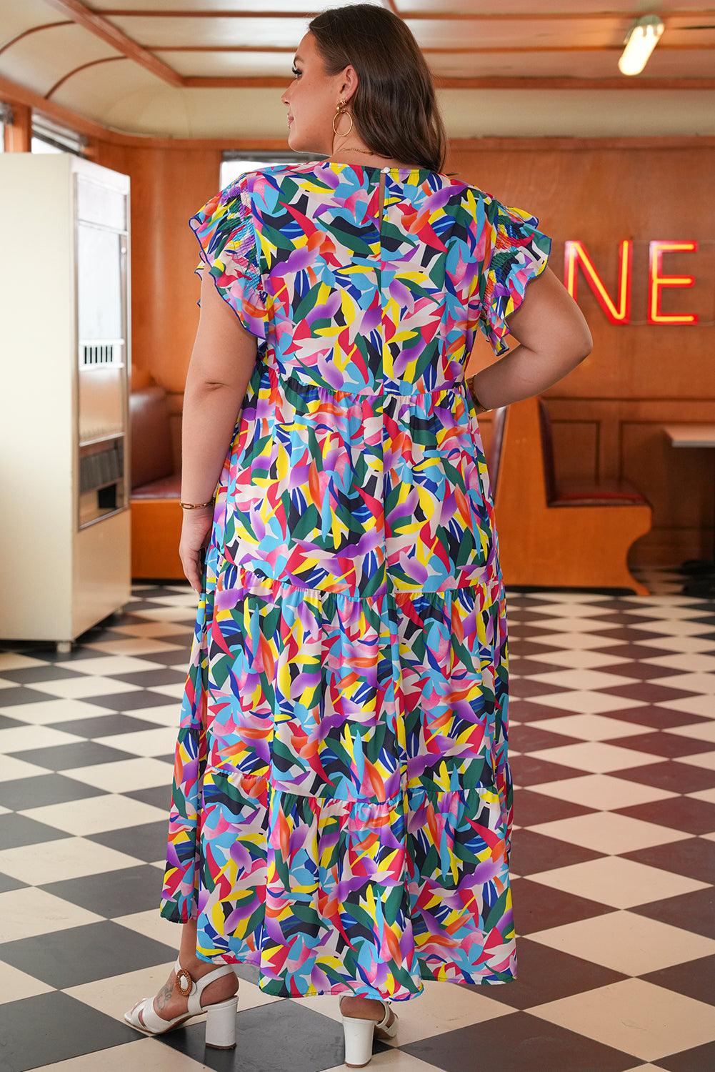 Blue Geometric Print Ruffled Short Sleeve Tiered Maxi Dress