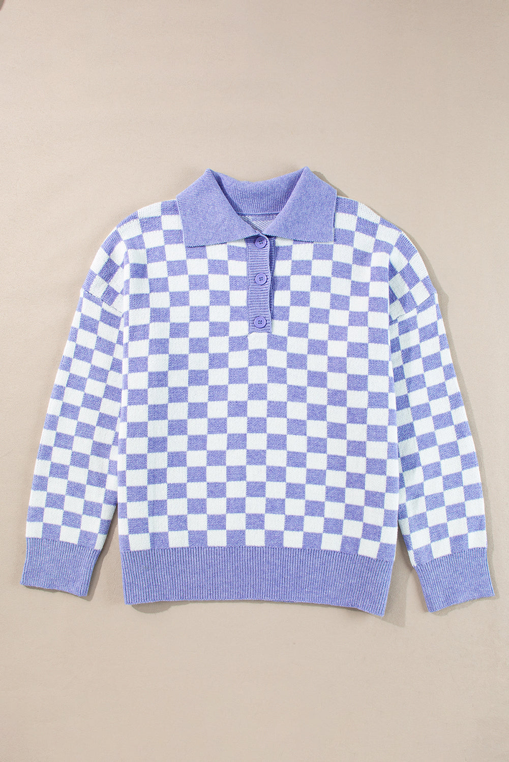 Purple Checkered Collared Buttons Sweater