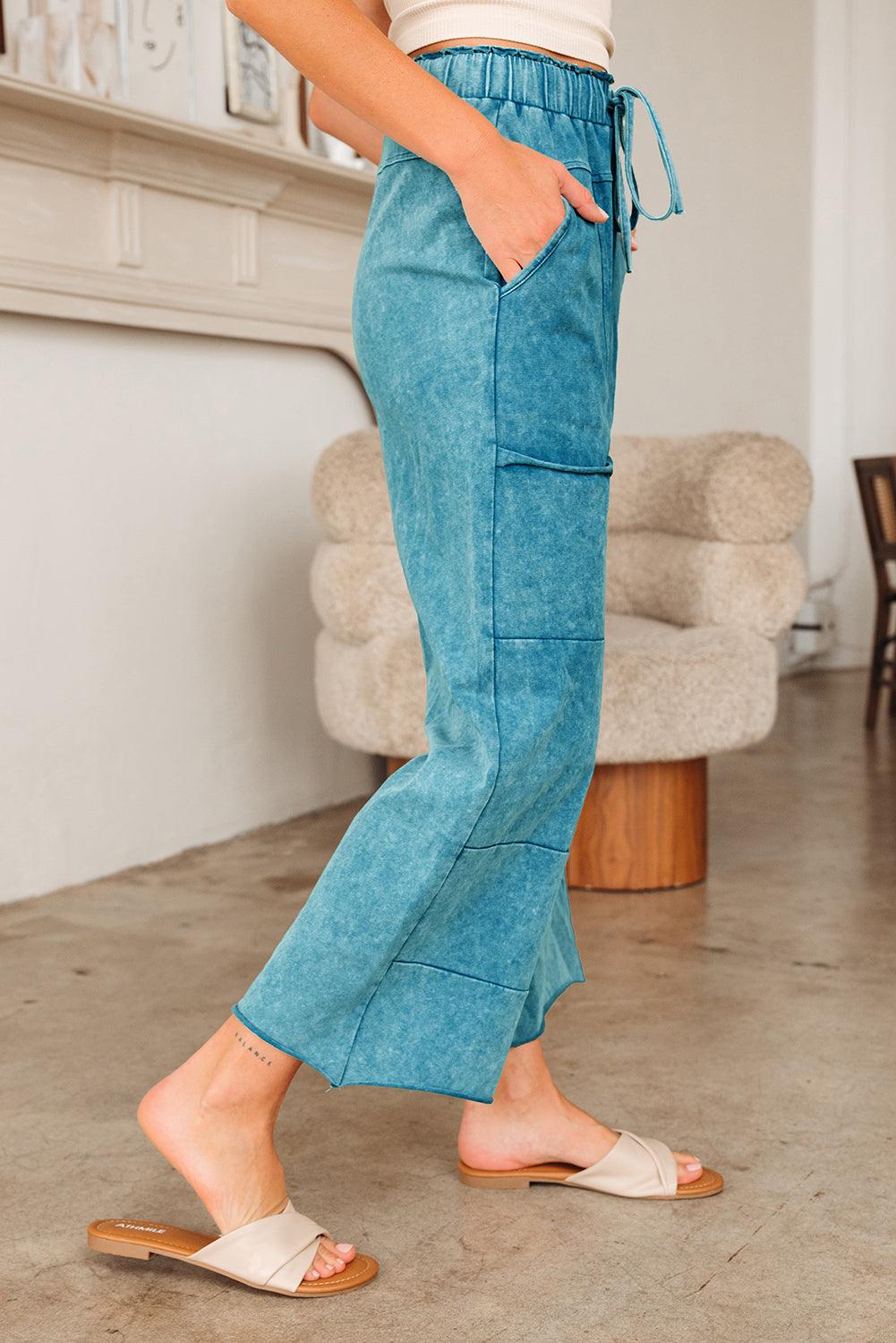 Mineral Wash Lace-up High Waist Raw Hem Patched Pocket Pants