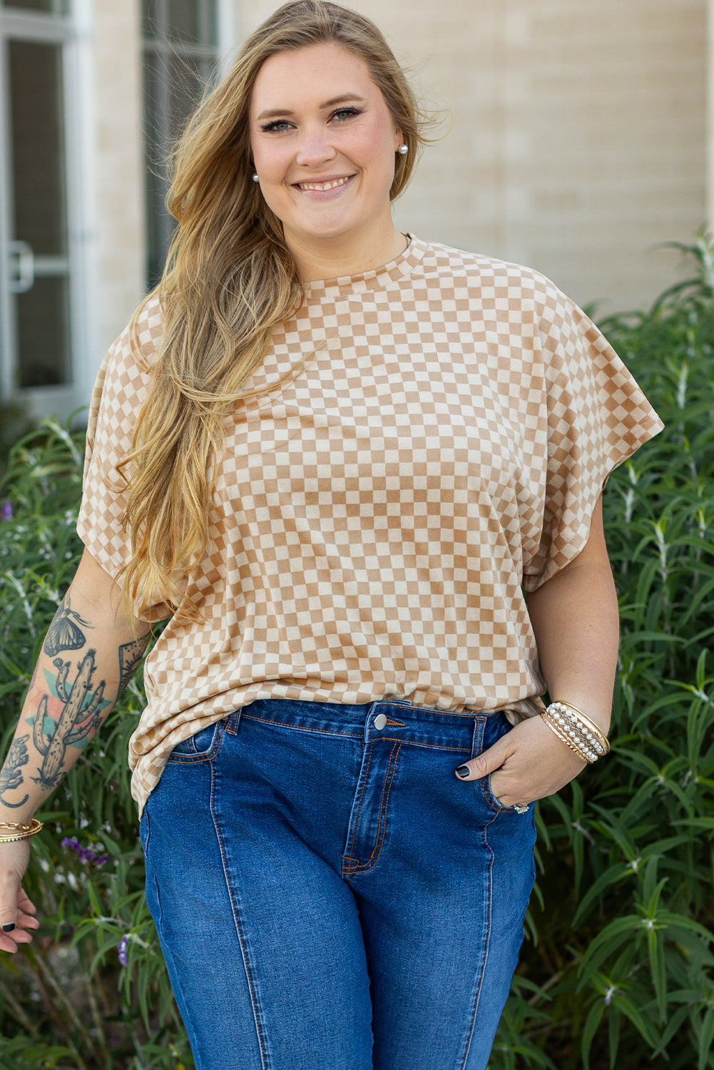 Khaki Checkerboard Short Batwing Sleeve Round Neck T Shirt