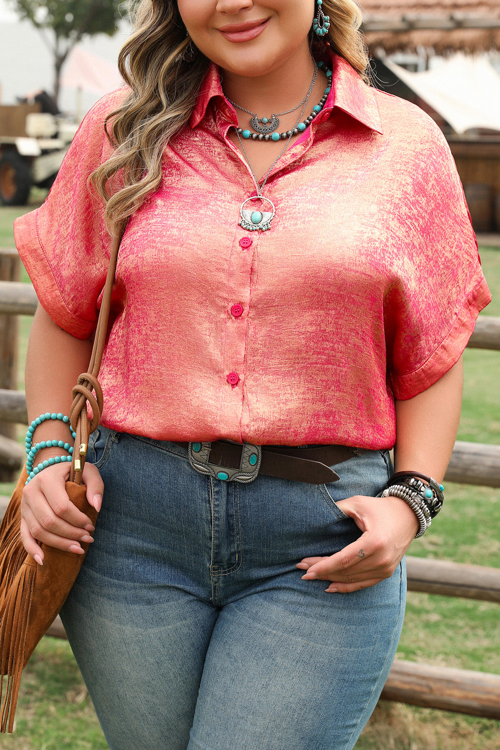 Rose Red Metallic Sheen Short Sleeve Button Up Shirt