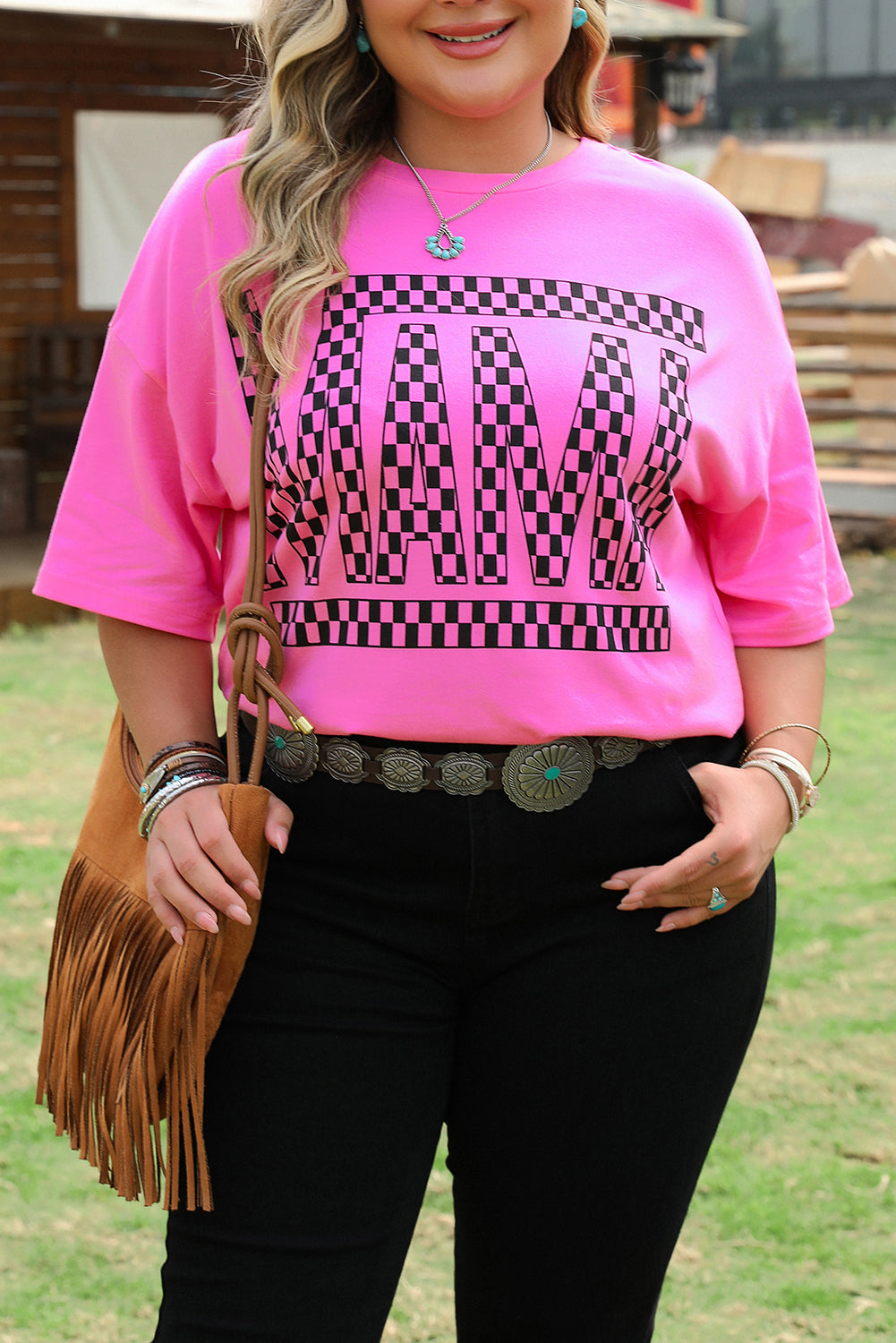 Bright Pink Checker MAMA Letter Printed Graphic T-Shirt