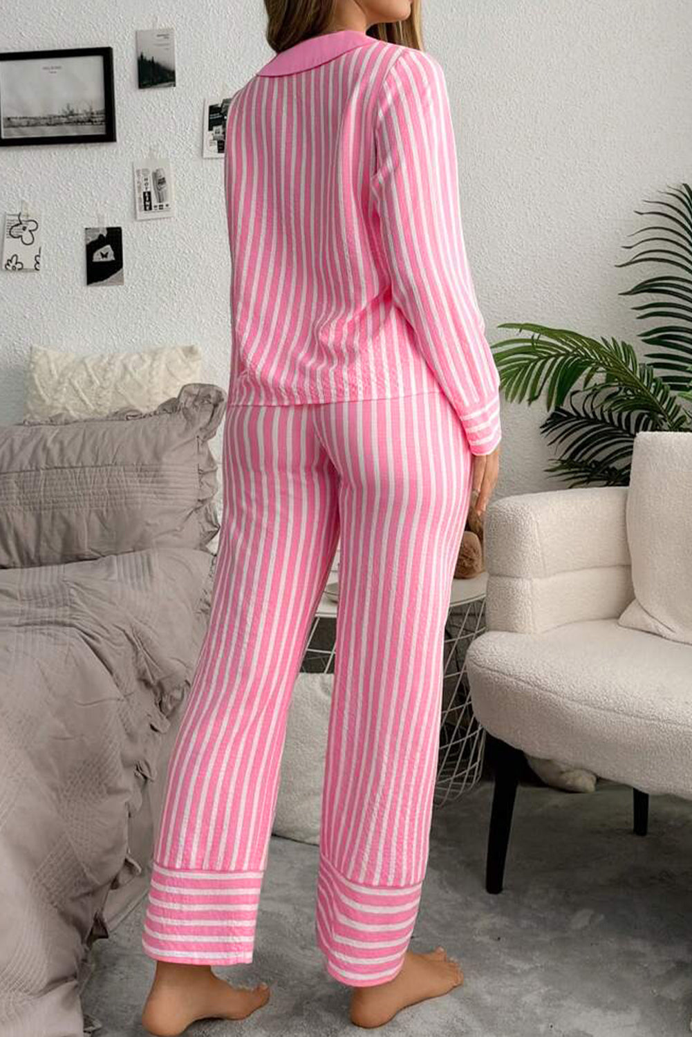 Pink Stripe Buttoned Long Sleeve 2 Piece Sleepwear