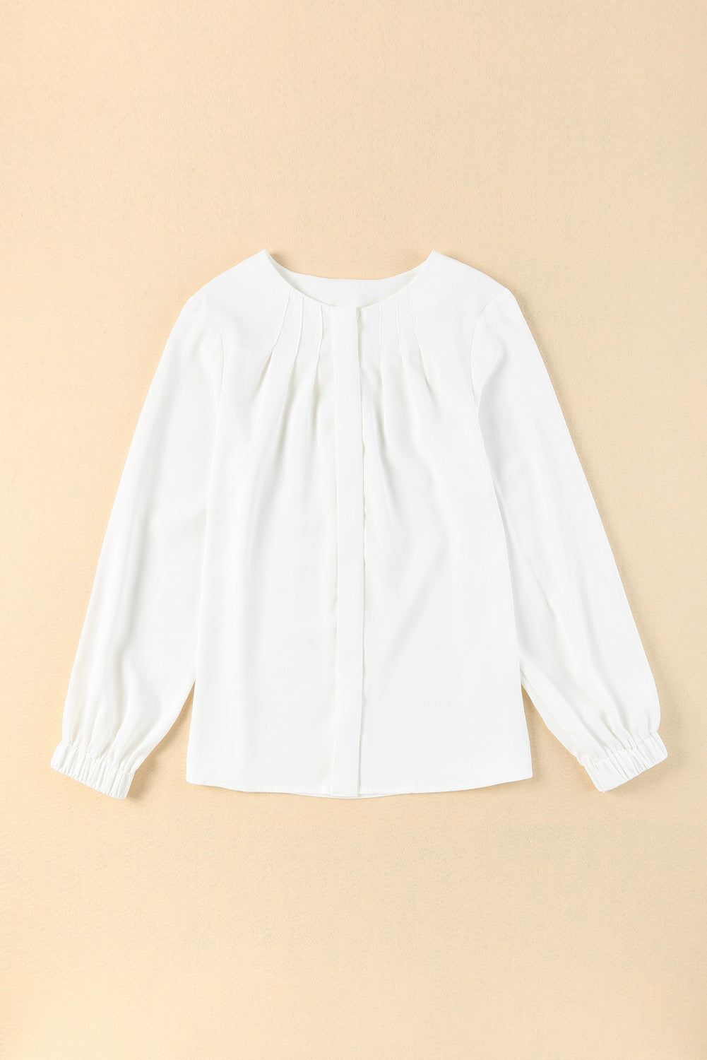 White Crew Neck Gathered Stretch Cuff Shirt (Extended Sizes)