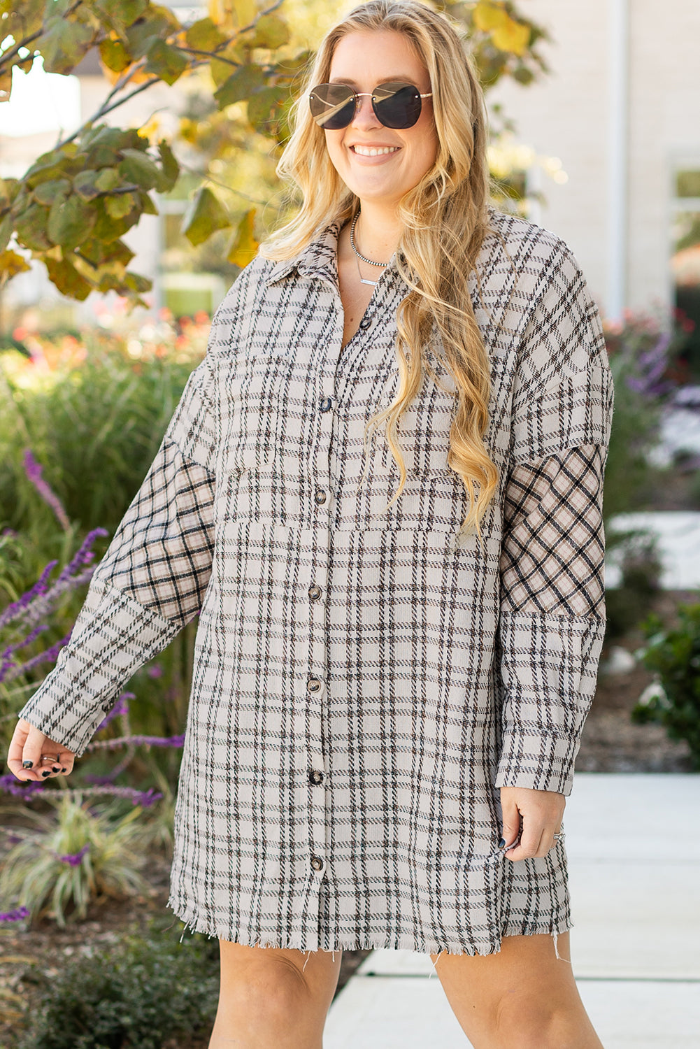 White Stripe Plaid Buttoned Raw Hem Tunic Shirt Dress