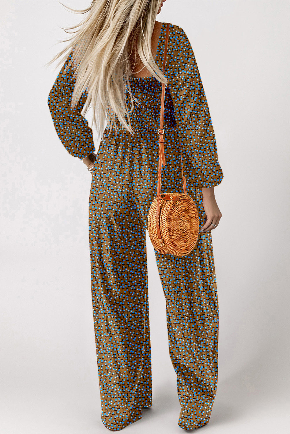 Brown Floral Print Western Smocked Bodice Square Neck Wide Leg Jumpsuit (Extended Sizes)