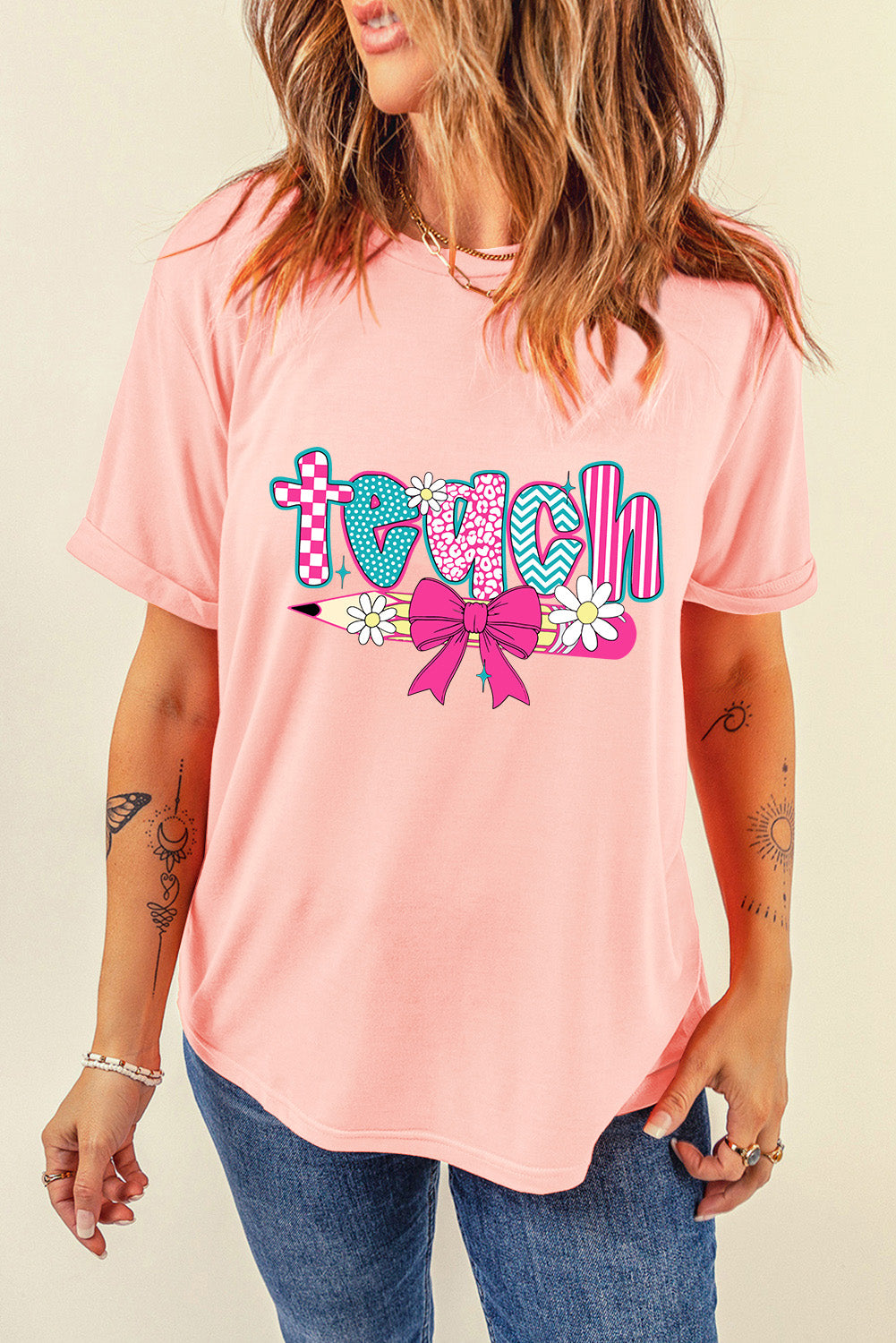Pink Preppy Retro Checkered Coquette Teach Graphic T-Shirt (Extended Sizes)