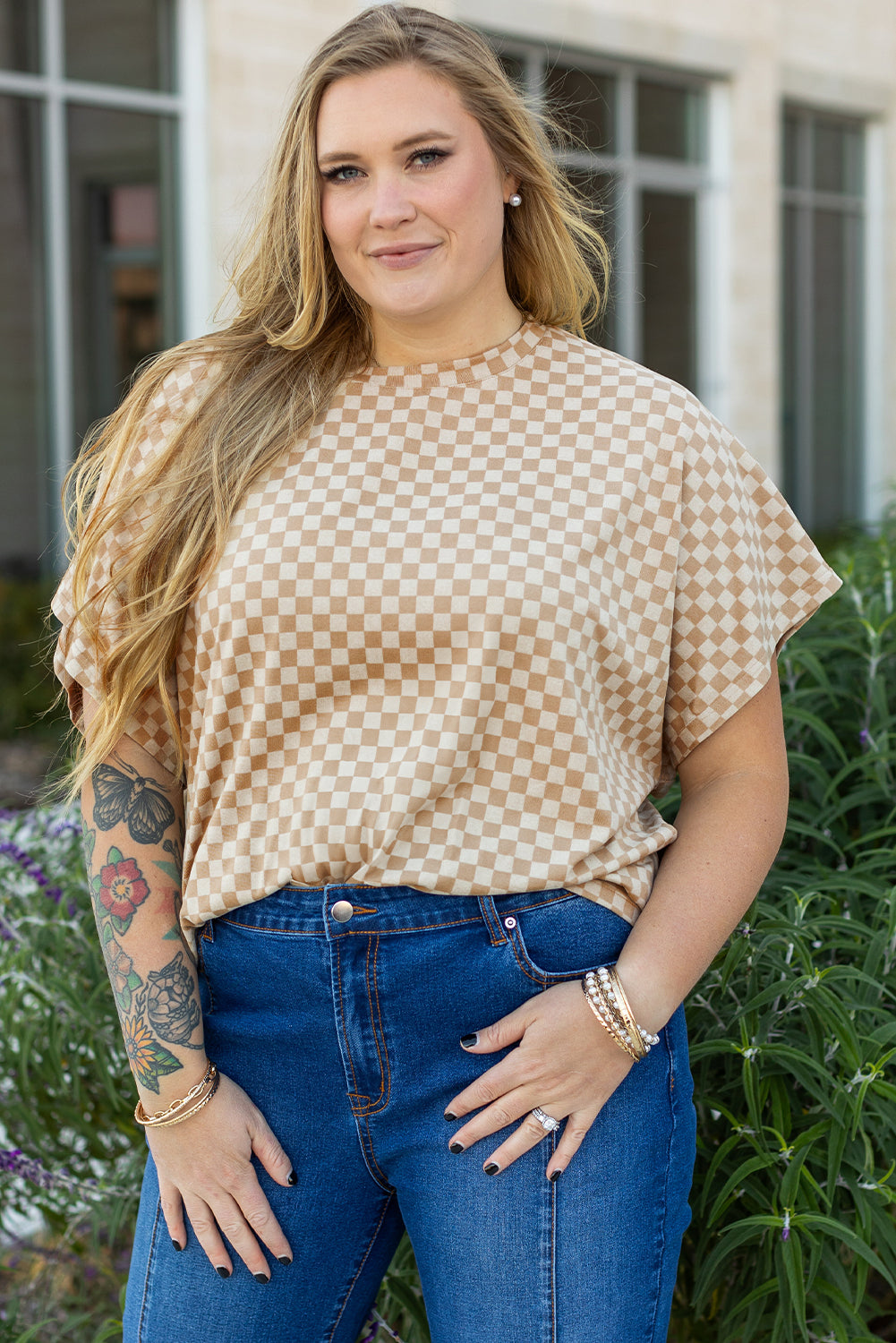 Khaki Checkerboard Short Batwing Sleeve Round Neck T Shirt