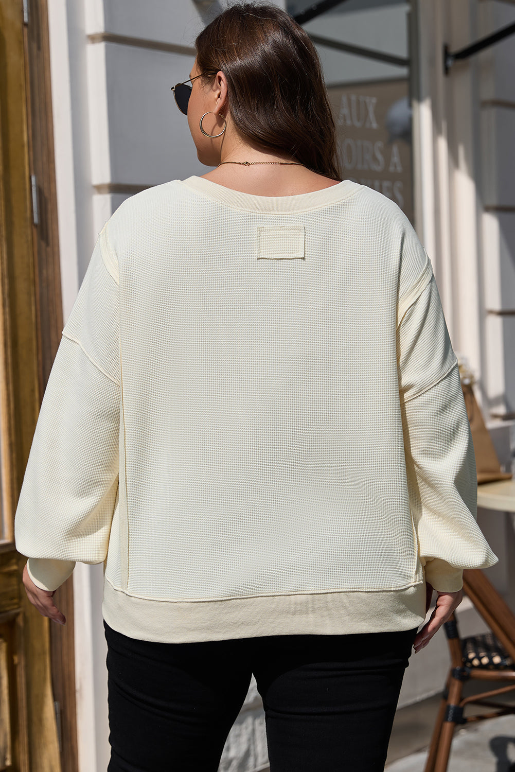 White Solid Color Waffle Knit Drop Shoulder Sweatshirt