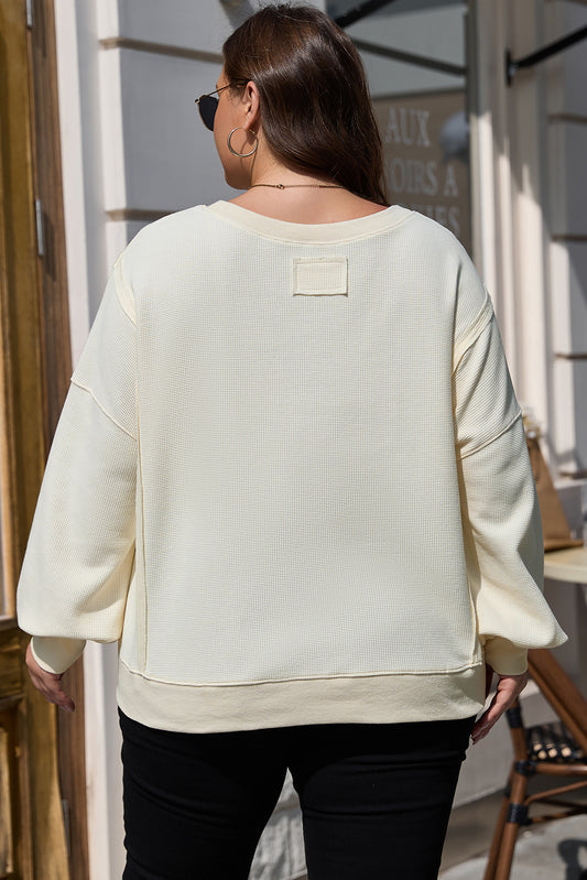 White Solid Color Waffle Knit Drop Shoulder Sweatshirt