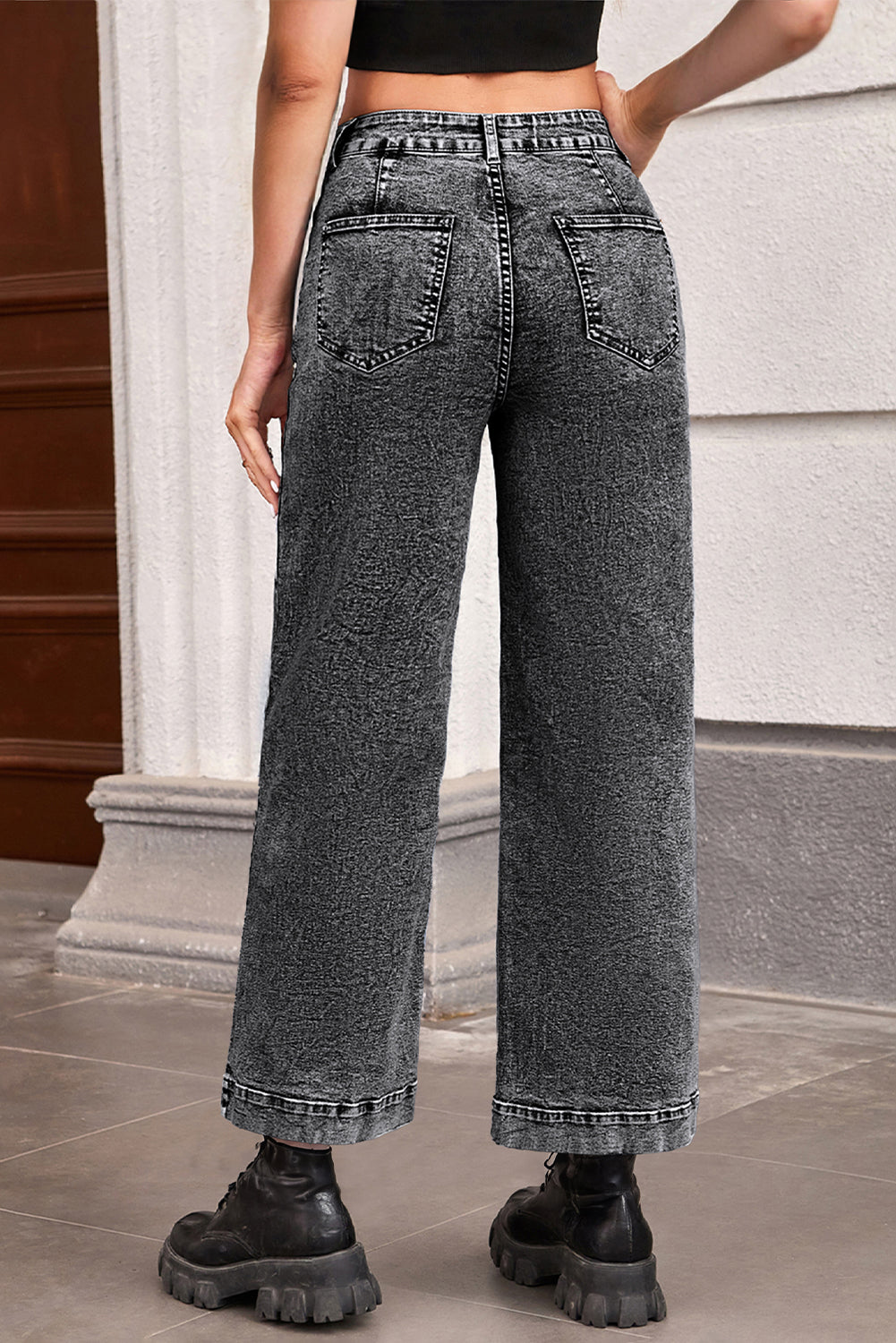 Black Chic Patch Pocket Straight Leg Loose Jeans (Extended Sizes)
