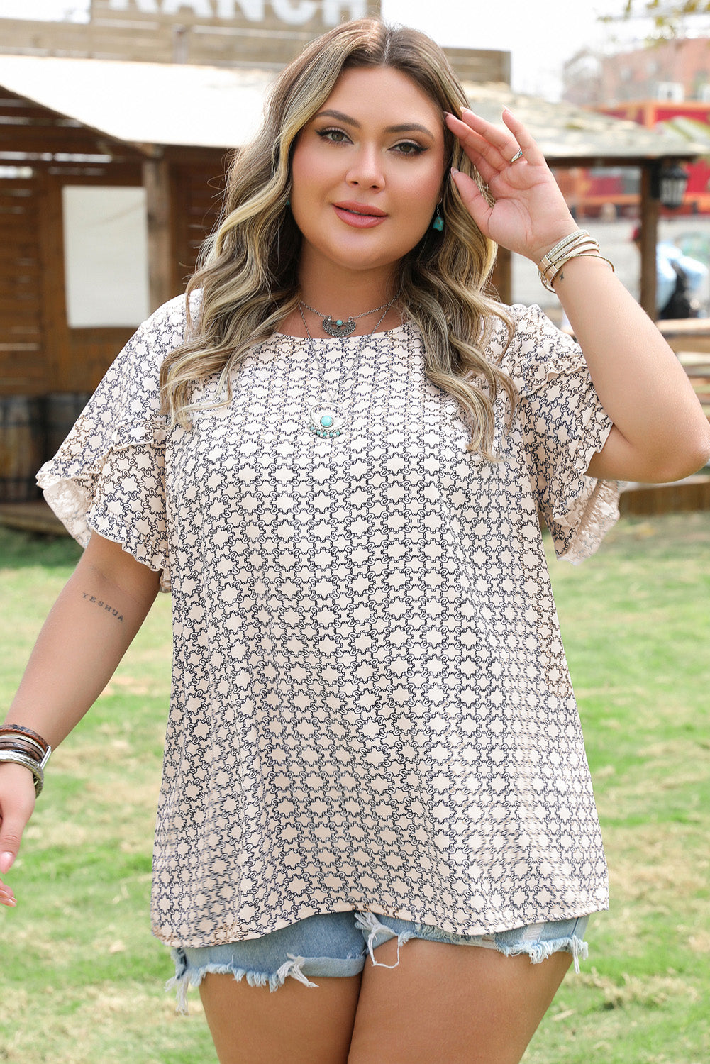 Khaki Geometric Print Ruffled Sleeve Blouse