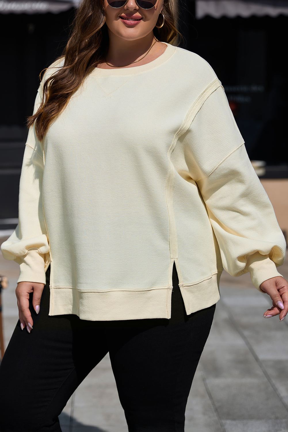 White Solid Color Waffle Knit Drop Shoulder Sweatshirt