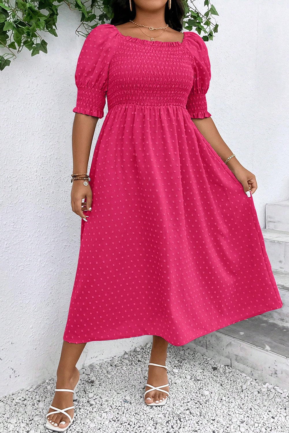 Sachet Pink Swiss Dot Smocked Frilled Neckline Short Sleeve Dress