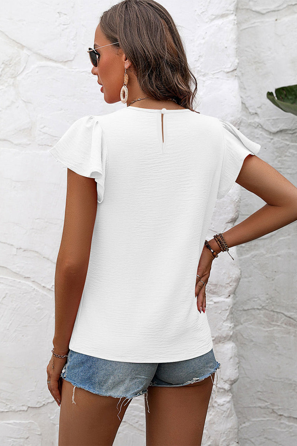 White Flounce Sleeve Pleated Textured Blouse (Extended Sizes)