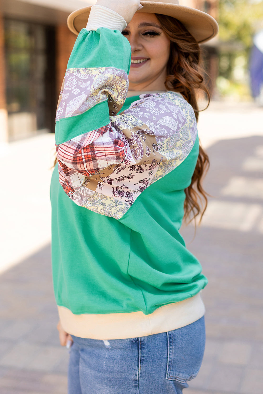 Sky Blue Plaid Floral Patchwork Raglan Sleeve Sweatshirt