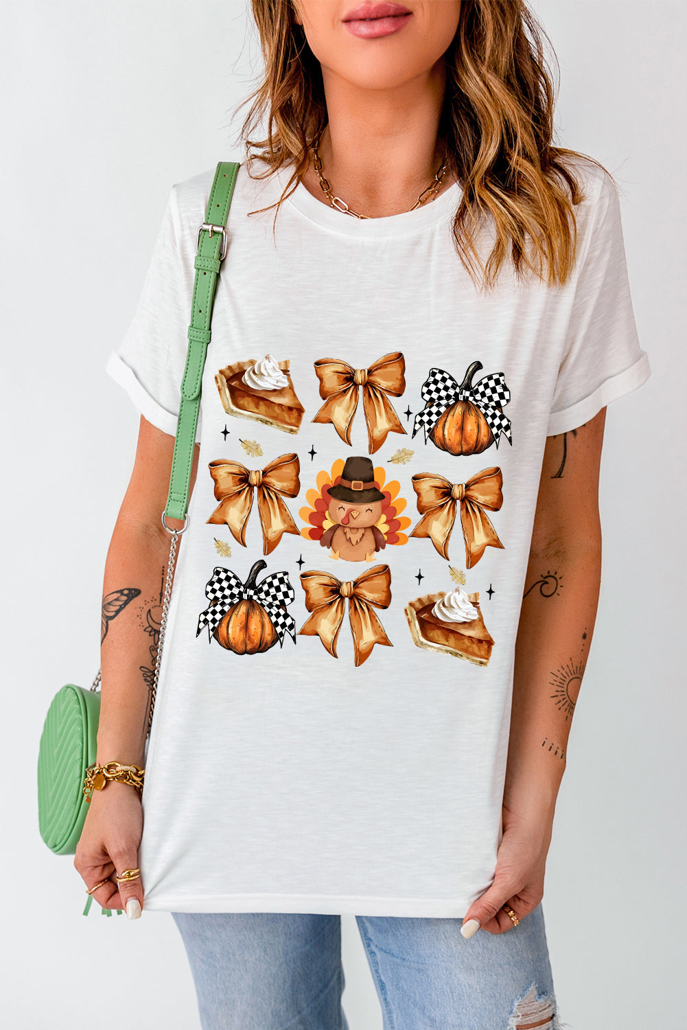 White Cute Bowknot Tanksgiving Graphic Crewneck T Shirt (Extended Sizes)
