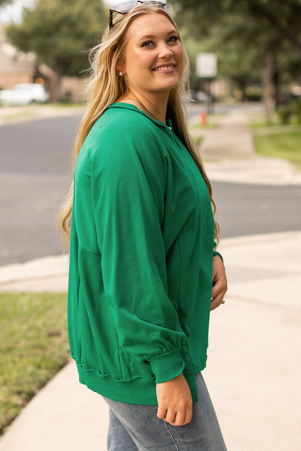 Bright Green Exposed Seam Notched Neck Drop Shoulder Sweatshirt