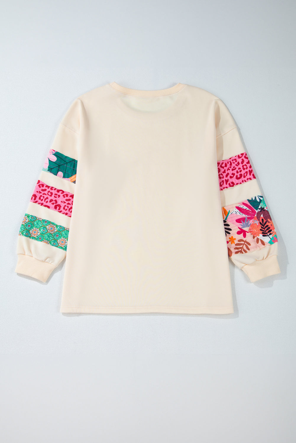 Beige Printed Patchwork Sleeve Split Sweatshirt