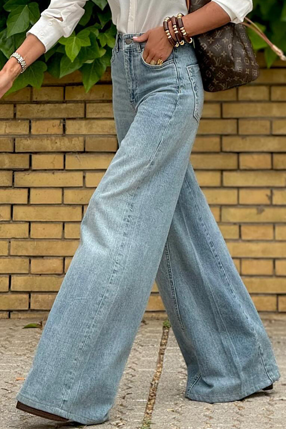 Dusk Blue Acid Wash Extra Wide Leg High Waist Long Jeans (Extended Sizes)