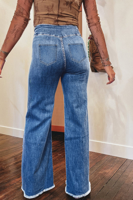 High Waist Button Fly Seamed Raw Hem Flare Jeans (Extended Sizes)