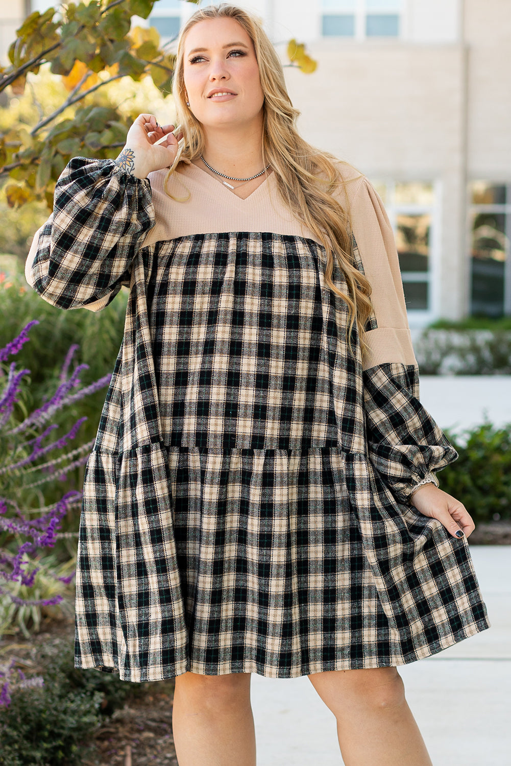 Black Plaid Waffle Knit Patchwork Collared V Neck Mini Dress
